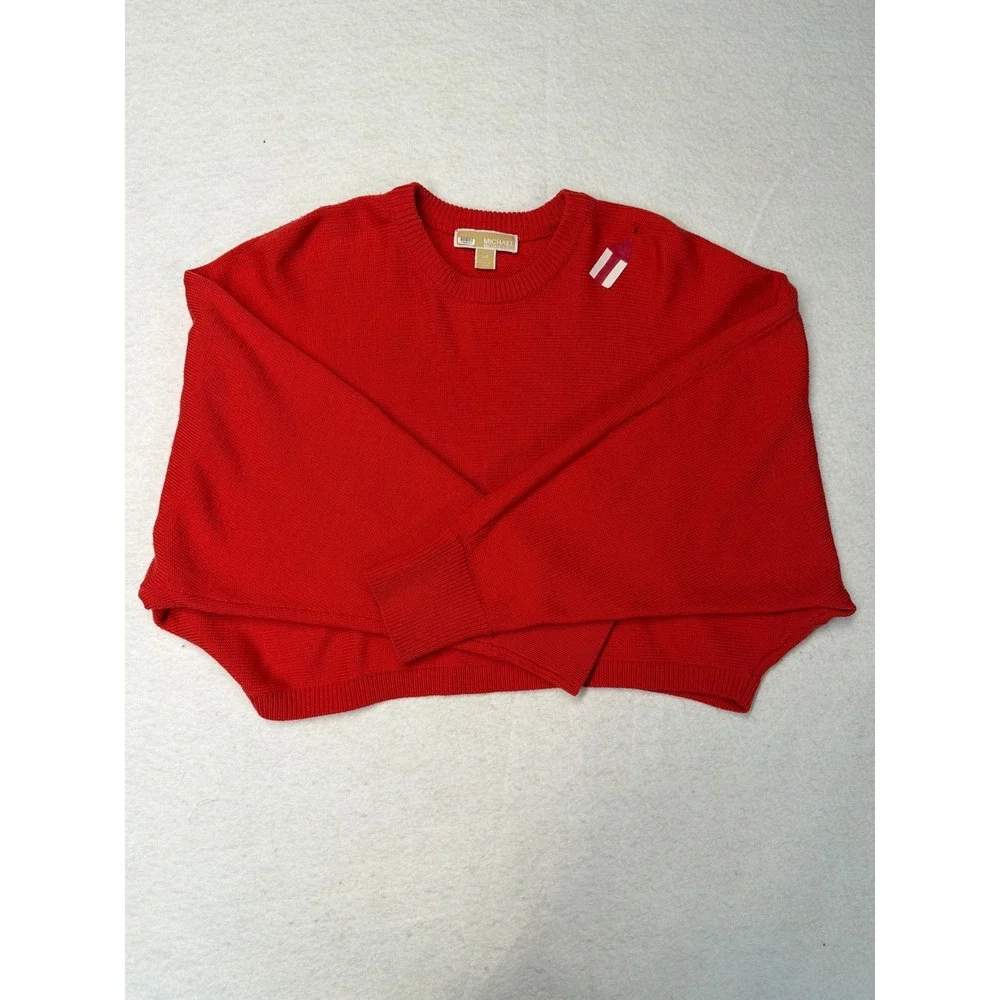Michael Kors Red Cropped Pullover Sweater Womens Small Crew Neck KnitMK Logo